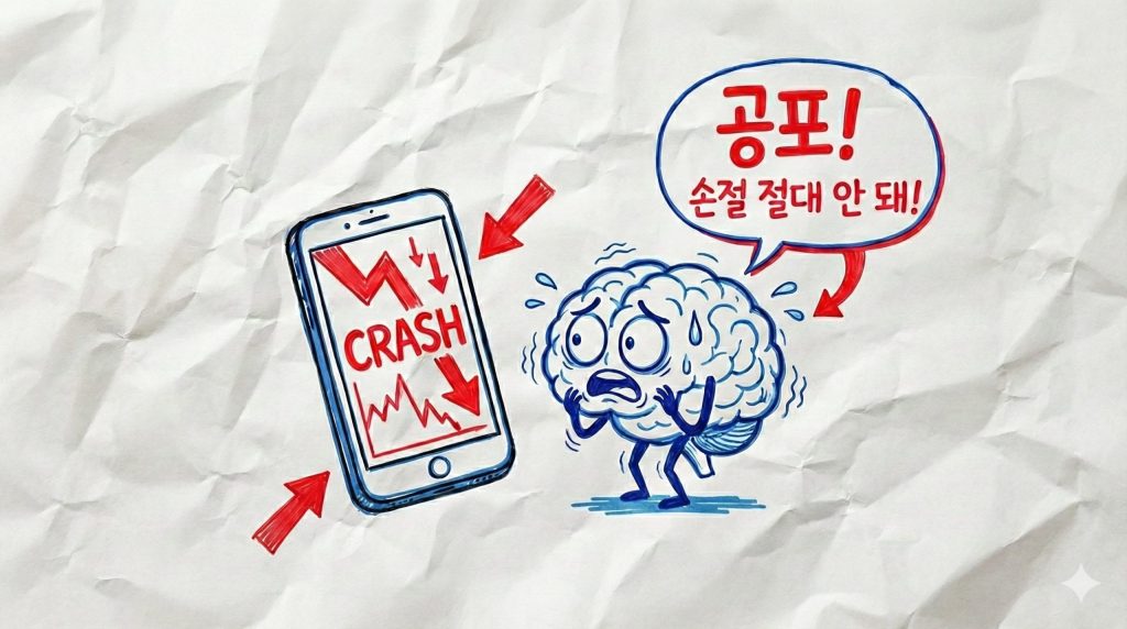 1. 하락장을 보며 공포에 질려 아무것도 못 하는 뇌(편도체 활성화)를 묘사