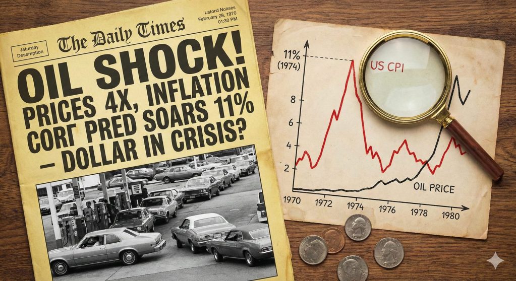 1970년대 오일쇼크 헤드라인 신문과 인플레이션 그래프