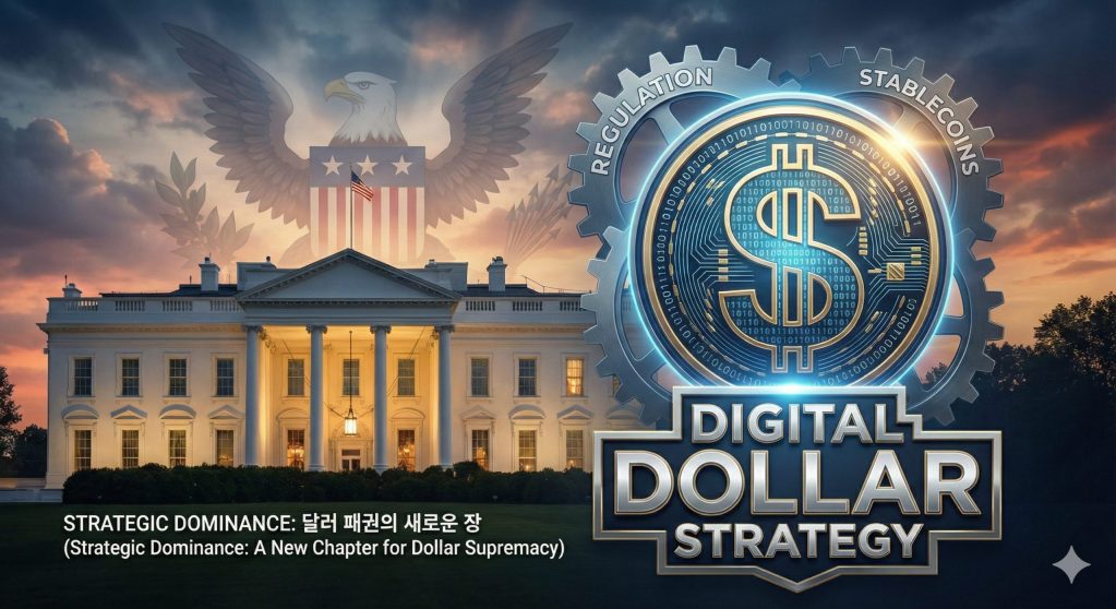 백악관 배경과 디지털 달러 로고