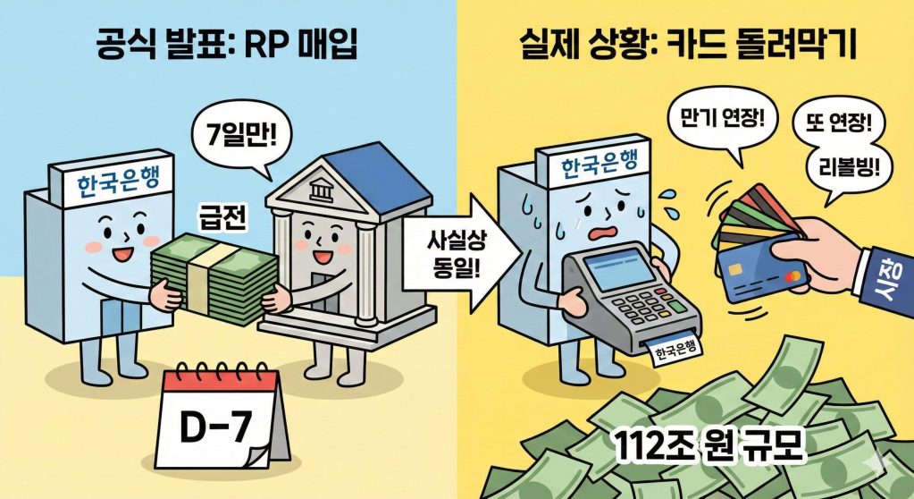 쉽게 표현한 RP '돌려막기' 구조. 갚아야 할 돈의 만기를 계속 연장해주며 시중에 돈이 마르지 않게 하고 있다.