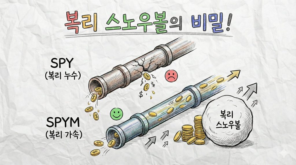 손으로 그린 스타일의 파이프라인 비교 이미지. SPY 파이프에서는 복리 누수가 발생하고, SPYM 파이프에서는 복리가 가속되어 스노우볼이 커지는 모습을 묘사하고 있다.