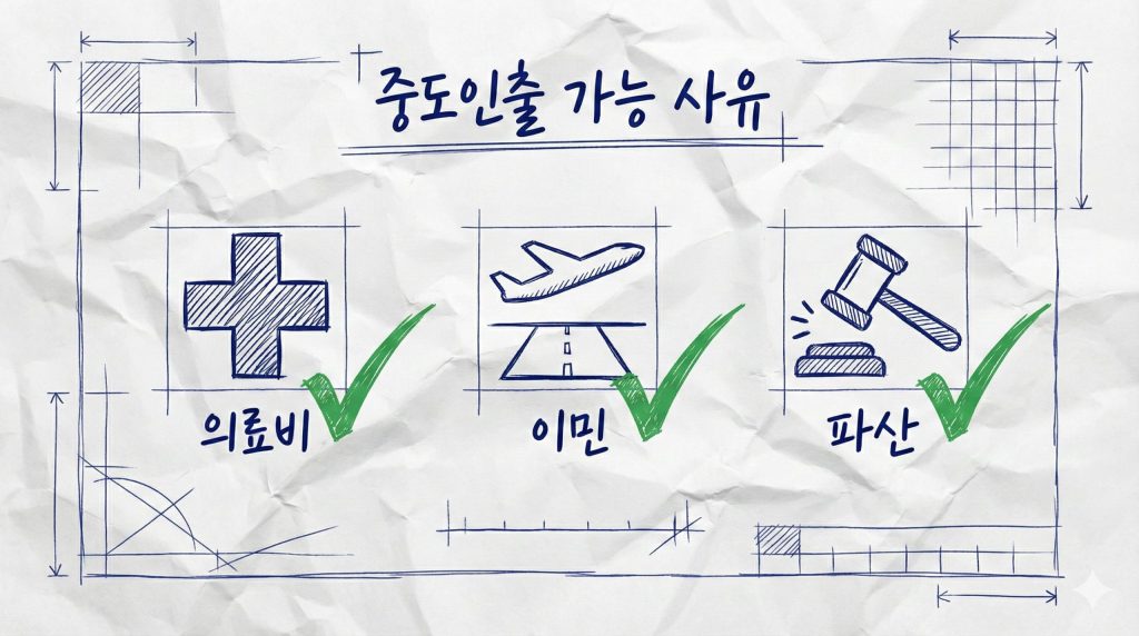 IRP 저율과세 적용받는 3대 법정 사유 아이콘 (3개월 요양, 해외이주, 파산선고)