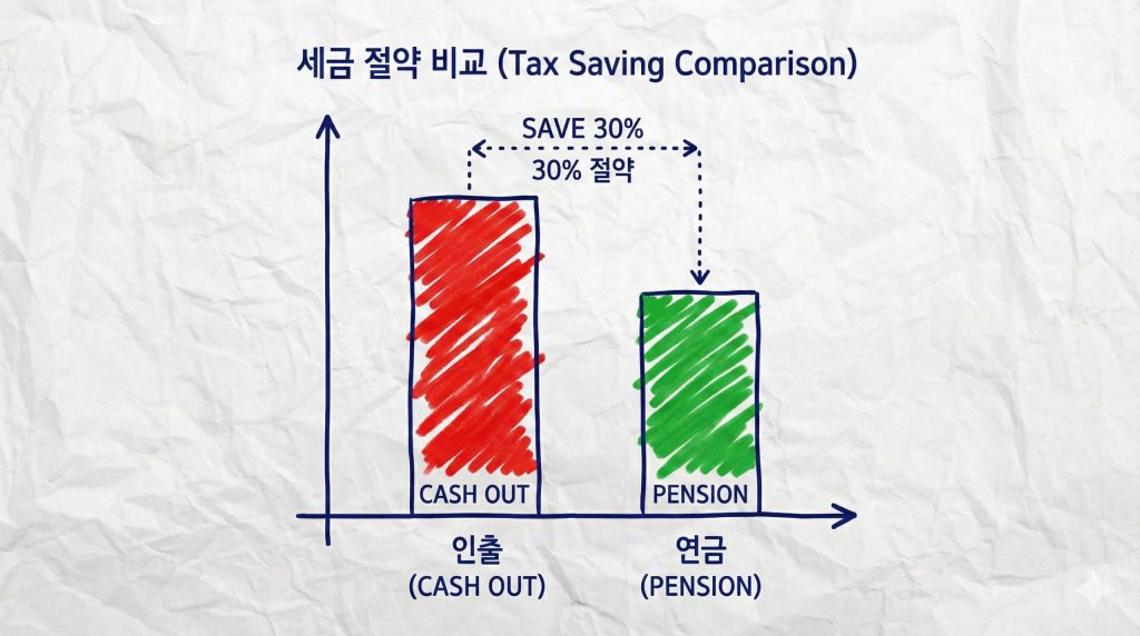 IRP 해지 시 기타소득세 vs 연금 수령 시 퇴직소득세 비교 그래프